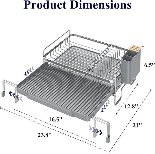 Kitsure Extendable Dish Drying Rack - Adjustable Length 12.8"–21.0", Auto-Draining Dish Rack for Kitchen Counter, Rust-Resistant Metal Frame Over-Sink Support for Plates, Bowls & Utensils, Sliver Grey