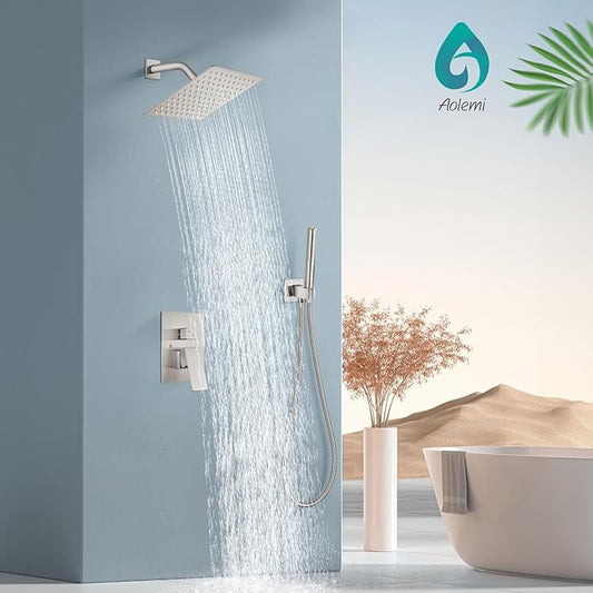 Aolemi Shower Faucet Set, High Pressure Shower System with 2-in-1 Handheld Sprayer, Wall Mount Fixture Combo with Rough-in Valve, 8 Inch Shower Head, Brushed Nickel