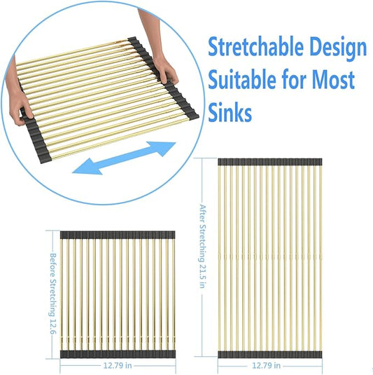 Expandable Large Draining Rack, Roll Up Heat-Resistant Dish Drainer for Stainless Steel Sinks, Collapsible Over The Sink Rack Non-Slip Silicone Rolling Up Rack Gold 18 Tube