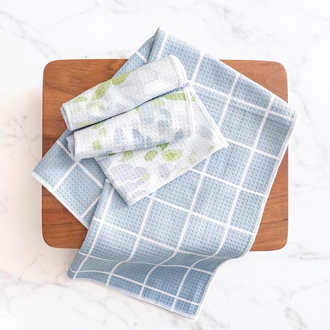 ELYN Microfiber Kitchen Dish Towel Set, Quick-Dry & Absorbent Waffle Weave Cleaning Towels, Set of 4 Kitchen Towels, Paper Towels Alternative (Magnolias & Stripe)