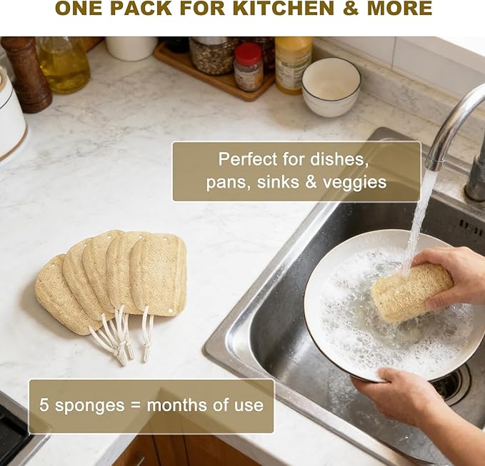Natural Loofah Dish Sponges 5 Pack, Reusable Kitchen Scrubbers for Dishes, Pots and Pans, Non Scratch Plant-Based Scrubbing Pads for Dishwashing and Household Cleaning
