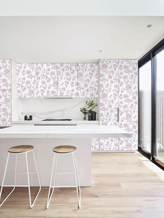 Timeet Floral Peel and Stick Wallpaper Pink and White Wallpaper Removable Self-Adhesive Contact Paper for Bedroom Bathroom Vintage Wall Paper for Walls Covering 17In×196.8In
