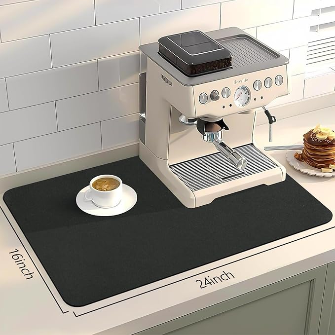 Bloss Coffee Mat 24"x16", Dish Drying Mat for Multiple Usage, Mat for Coffee Bar, Kitchen Counter Mat, Absorbent Hide Stain Rubber Backed Dish Drying Pad - Black