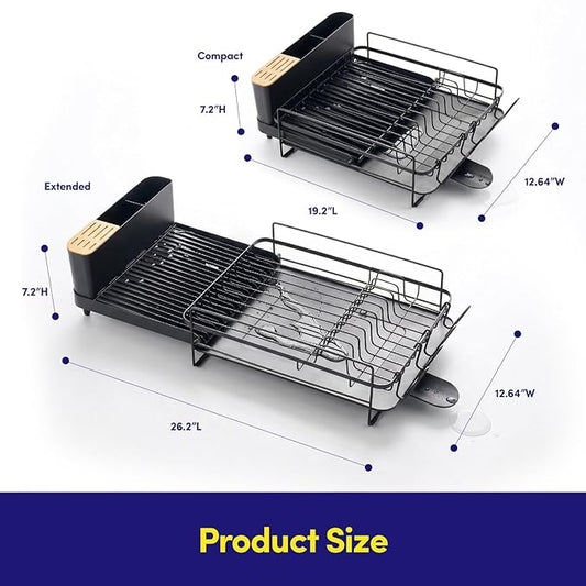 Dish Drying Rack Countertop Expandable Dish Drainer — Up to 26.7" Telescoping Extending Drying Station Organizer with Drainboard & Removable Utensil Holder — Dish, Silverware & Cup Storage, Black