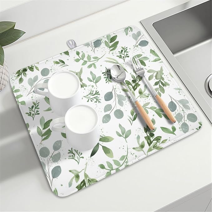 Spring Summer Sage Green Leaves Dish Drying Mat 18 x 24 Inch Spring Eucalyptus Leaf Dish Drainer Rack Mat Absorbent Microfiber for Holiday Kitchen Coffee Dining Bar Decor