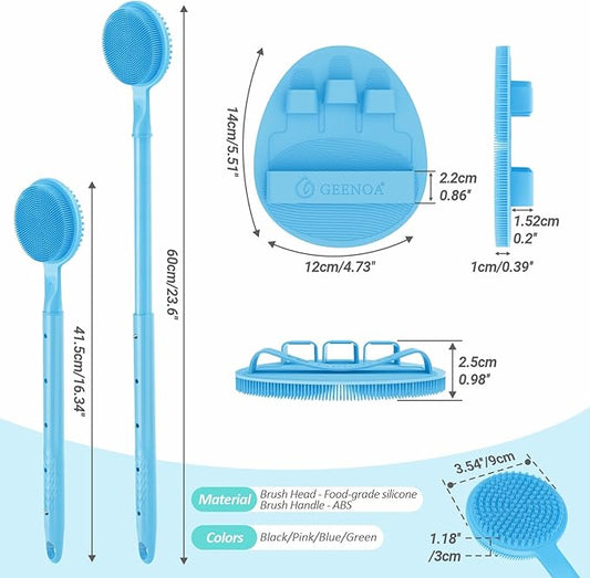 Soft Silicone Back Scrubber & Bath Glove 2PCS, 16''- 24'' Extendable Shower Scrubber with Dual-Side Head, 360° Anti-Slip & Hand-fit Silicone Body Scrubber for Rich Foaming Deep Cleaning(Blue)