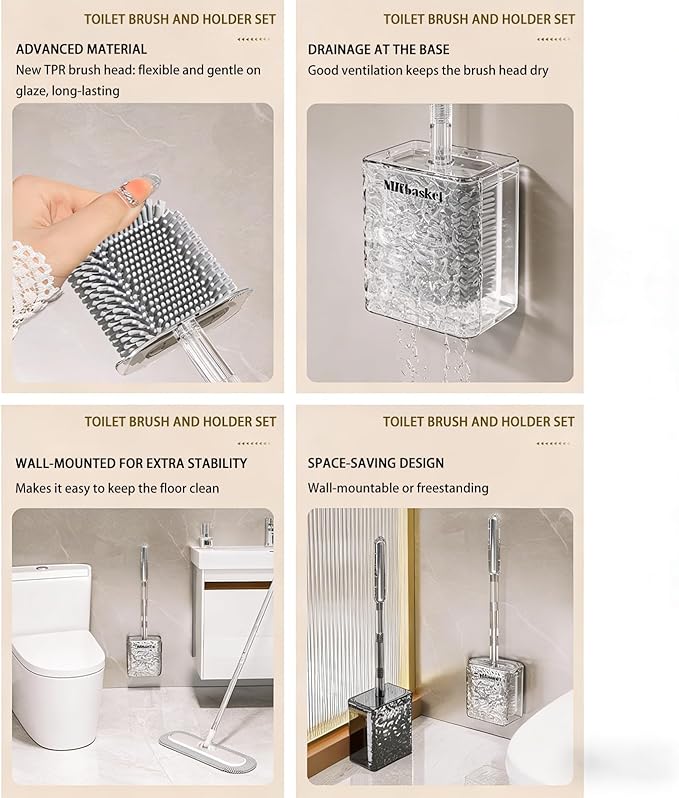 Silicone Toilet Brush with Holder Comes with Suction Cups Deep Cleaning Toilet Brush with Flexible Bristles Space Saving for Bathroom Modern Design Quick Drying Easy to Assemble Gray