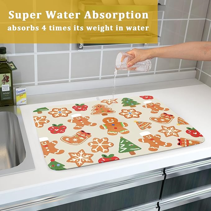 Christmas Dish Drying Mat for Kitchen Counter 18x24 Cute Gingerbread Themed Winter Xmas Holiday Absorbent Reversible Microfiber Drying Mats Kitchen Countertop Protector Dishes Drainer Rack Pad