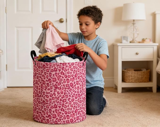 Kids Laundry Basket Pink Hamper for Nursery Hamper Cute Kids Storage Bin Room Decor for Home(Pink leopard print)