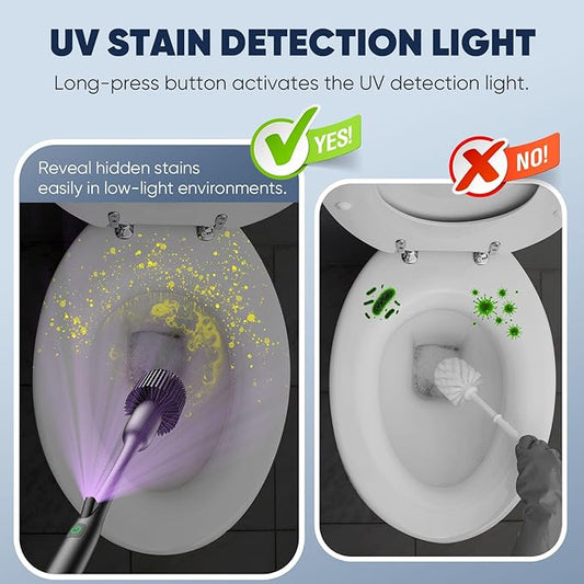 EKZ Electric Toilet Brush with UV Stain Detection, High-Torque Power, Dual-Speed (80/200 RPM), Splash-Resistant Silicone Scrubber Head, Hygienic Wall-Mount Holder, Type-C Rechargeable, Black