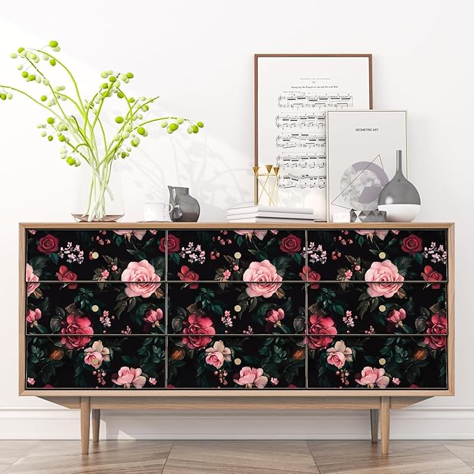 Fvlow Vintage Wallpaper Dark Floral Peel and Stick 17.4" x 394" Boho Contact Paper Waterproof Removable Wall Covering for Bedroom Kitchen Countertop Desk Home Decor