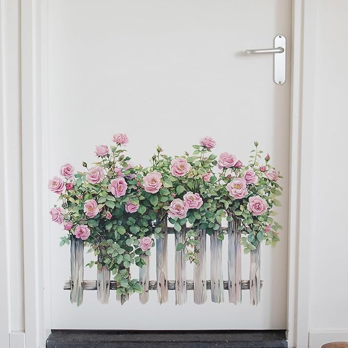 Romantic Rose Decals Floral Wall Decor, Rose Vine Fence Flowers Stickers Wall Art Murals, Flower Pattern Self-Adhesive Stickers for Girls Bedroom Living Room Nursery Decor