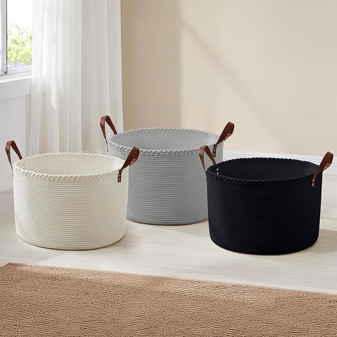 XLarge Round Cotton Rope Storage Basket Bin Organizer Laundry Hamper with Leather Handles, 21 x 21 x 14, Extra Large Blanket Woven Basket for Nursery - Cream
