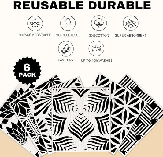 Geometric Swedish Dish Cloths Kitchen Cleaning Cloths 6 Pack, Reusable Dishcloths, Washable Absorbent Cellulose Sponge No Odor, Eco Dish Towels for Dish Washing, Gifts for Women Hostess