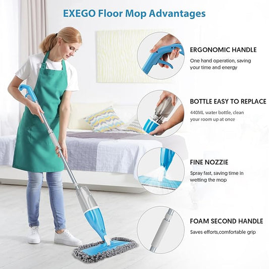Spray Wet Mops for Floors Cleaning - EXEGO Floor Flat Mops Refillable with 3 Washable Pads for Swiffer Powermop - Commercial Dust Dry Mop for Hardwood Laminate Ceramic Tile Wood Vinyl