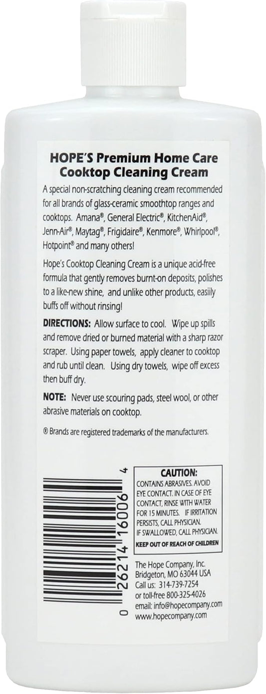 HOPE'S Cooktop Cleaning Cream, Fast Acting, No-Rinse Cooktop Cleaner for Glass Top Stoves, Polishes and Removes Burnt-on Stains Easily on Glass Ceramic Cooktops, 8 Fl Oz, Pack of 12