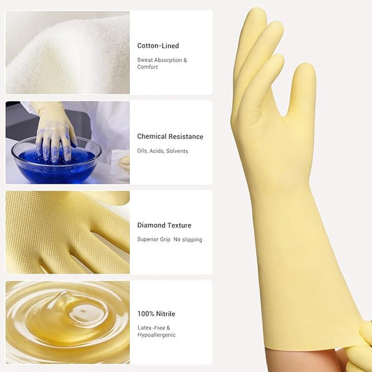 ThxToms 2 Pair Nitrile Dishwashing Cleaning Gloves,with Cotton Flocked Liner,Skin-Friendly & Anti-Slip Design,Y&P