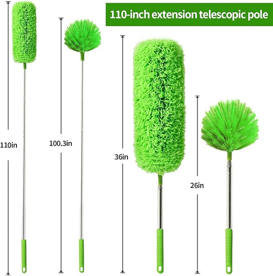 Cobweb Duster with Extension Pole, Washable Cleaning Duster Set with 2 Duster Heads, Corner Brush, 15-110-Inch Telescoping Pole for high Ceiling Fans, Long Duster for high Ceilings,Spider Web Brush