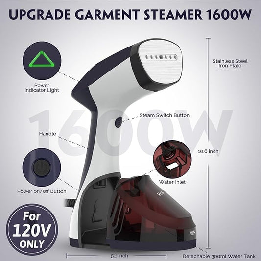URPOWER 300ml Portable Clothes Steamer 15-Second Heat-Up Handheld Steamer for Clothes 1500W Detachable Tank, Stainless Steel Soleplate, Travel Garment & Fabric Steamers for Home/Office, 120V