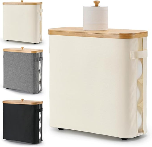 32L Bamboo Toilet Paper Storage Basket with Lid and Handle, Toilet Paper Organizer for Bathroom - Mega Capacity , Collapsible Bathroom Toilet Paper Holder with Storage, Soft Beige,1 Pack