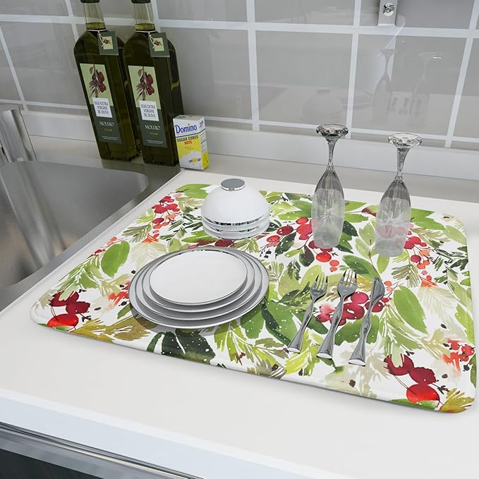 Watercolor Christmas Dish Drying Mat 18 x 24 Inch With Absorbent Reversible Microfiber Green Leaves Red Berry Xmas Drying Mats Winter Holiday Dish Drainer Mat Fast Dry For Kitchen Dining Room