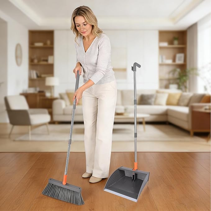 Broom and Dustpan Set, Self Cleaning with Metal Dustpan Teeth, Indoor&Outdoor Sweeping, Ideal for Dog Cat Pets Home Use, Stand Up Broom and Dustpan, Orange&Grey