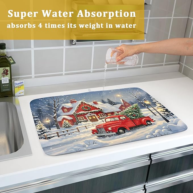 Christmas Dish Drying Mat for Kitchen Counter 18x24 Red Truck Winter Xmas Snow Scene Holiday Theme Absorbent Reversible Microfiber Drying Mats Kitchen Countertop Protector Dishes Drainer Pad