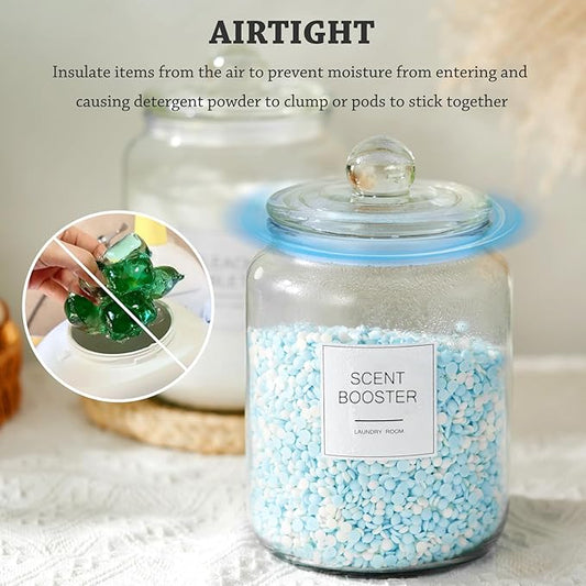 FyndraX Half Gallon Glass Jars - Large Airtight Containers with Scoop and Labels for Organization and Storage Laundry, Bath Room, Kitchen and Pantry Holder, Set of 4