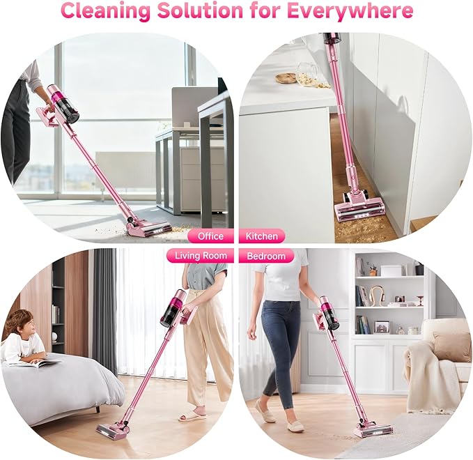 Cordless Vacuum Cleaner: Portable 6-in-1 Stick Vacuum with Anti-Tangle Brush, LED Headlight, Self-Standing, HD Display, Rechargeable Vacuum for Pet Hair, Low-Pile Carpet and Hardwood Floor-Dark Pink