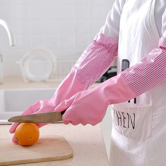 RARITYUS Household Kitchen Cleaning Gloves Waterproof Cotton Lined Dishwashing Non-Slip Long Cuff Gloves