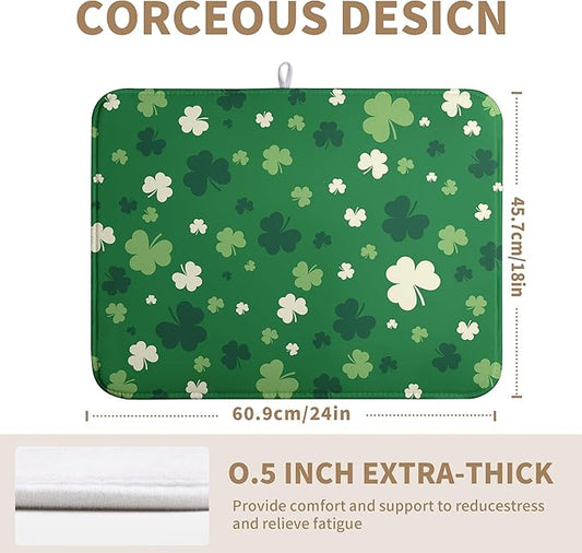 Green Shamrock St. Patrick's Day Dish Drying Mat for Kitchen Counter Lucky Clover large Dish Drying Pad Absorbent Reversible Microfiber Draining Pad Washable Drying Mats 18x24 Inch