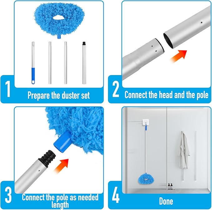 Blue Ceiling Fan Duster - Extended Fan Blade Cleaner, Reusable Microfiber, Adjusts 13 to 55 Inch for Cleaning Walls, Cobweb, Door, Window Top
