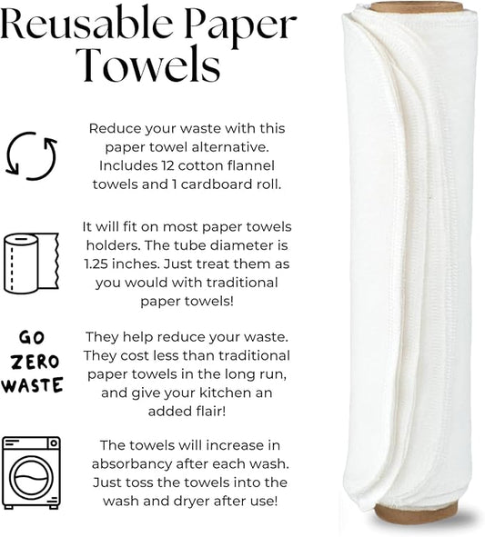 Vi-tal Health & Wellness Paperless Towels Roll Washable Cotton Cloth, Reusable Paper Towels - 10 Pack with Durable Cardboard Roll - 10" X 10" Zero Waste Reusable Napkins Eco Friendly (White)
