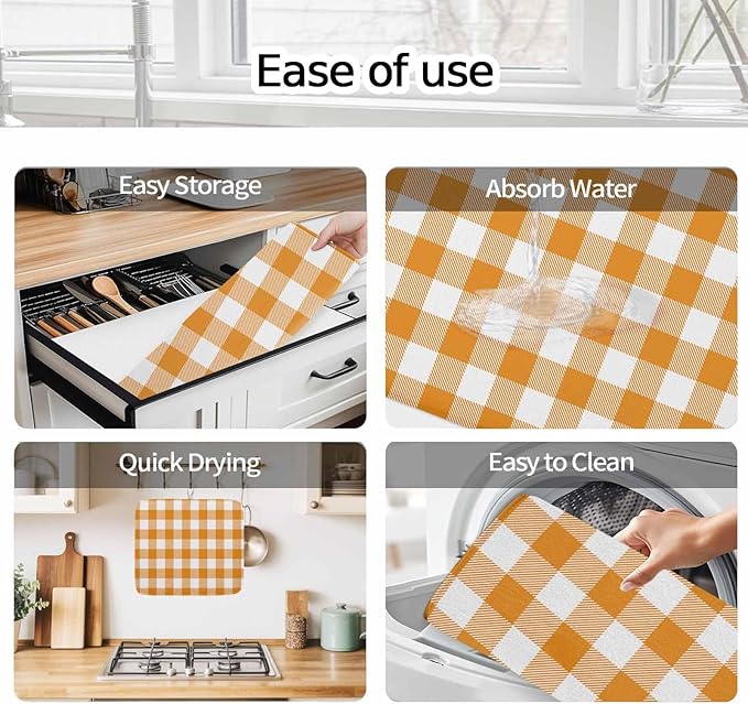 Dish Drying Mat Orange Buffalo Check Plaid Drying Mats for Kitchen Counter Farmhouse Style Absorbent Microfiber Dish Drainer Quick Drying Coffee Mat with Hanging Loop, 16 x18 inch