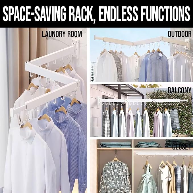 Wall Mounted Drying Rack for Laundry - Foldable Clothes Hanger Dryer with 180° Swivel, 220 lb Capacity, Aluminum Construction, Space-Saving Indoor Outdoor Organizer - White