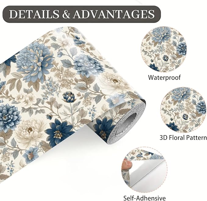 Blue Floral Wallpaper Border 196x4 Inch Peel and Stick Removable Vinyl Wall Border Elegant Blue and Beige Flower Wall Trim for Kitchen Bathroom Bedroom Living Room Home Decor