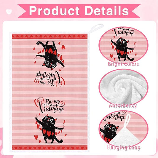 Valentines Day Kitchen Towels, 4PCS Cat Hand Towels for Cooking Cleaning, Absorbent Aesthetic Tea Towel with Hanging Loop for Valentines Home Kitchen Decor(16 X 24 Inches)