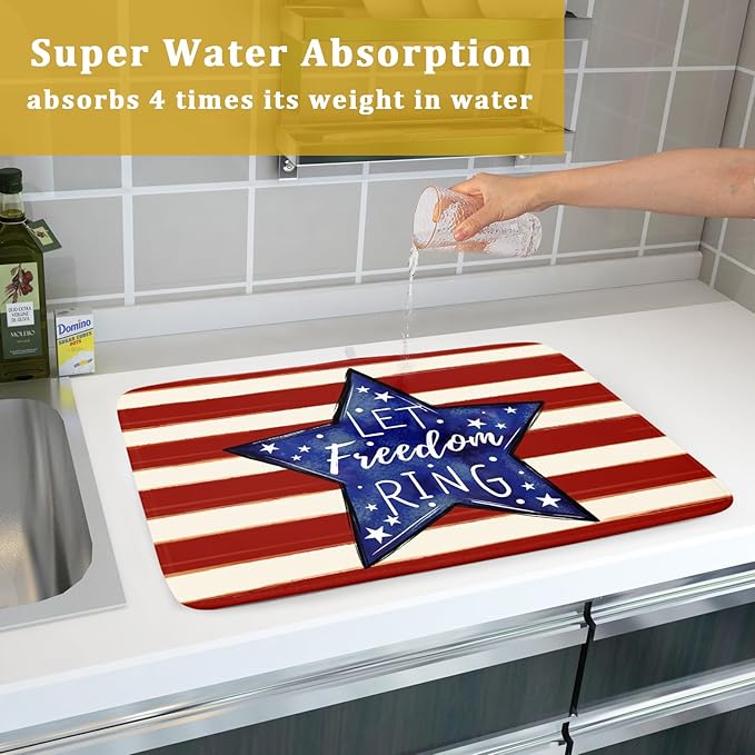 Patriotic Watercolor Stars Stripes Dish Drying Pad 18 x 24 Inch With Absorbent Reversible Microfiber 4th of July Memorial Day Drying Mats Dish Drainer Mat Fast Dry For Kitchen Dining Room