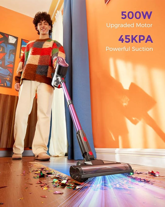 Cordless Vacuum Cleaner, 500W 45KPA 50Mins Stick Vacuum Cleaners for Home with LED Light, Self-Standing, Anti-Tangle Brush & 1.6L Dust Cup, Lightweight Vacuum for Pet Hair, Carpets, Hard Floors