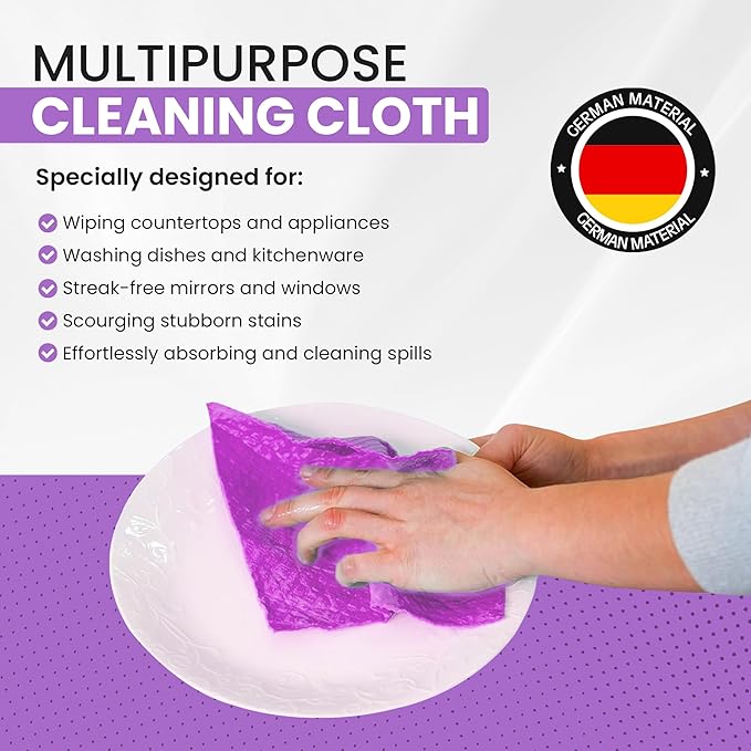 Swedish DishCloths - 10 Pack (Purple), (German Material) Reusable Cellulose Sponge Cloth for Kitchen - Household, Highly Absorbent, No-Odor Dishcloth