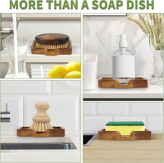 DEBETOOL 2Pack Wood Soap Dish - Natural Wooden Bar Soap Holder with Drain Spout Fast Drying for Shower & Kitchen Sink, Bathroom Sponge Holder with Tray(Waterproof)