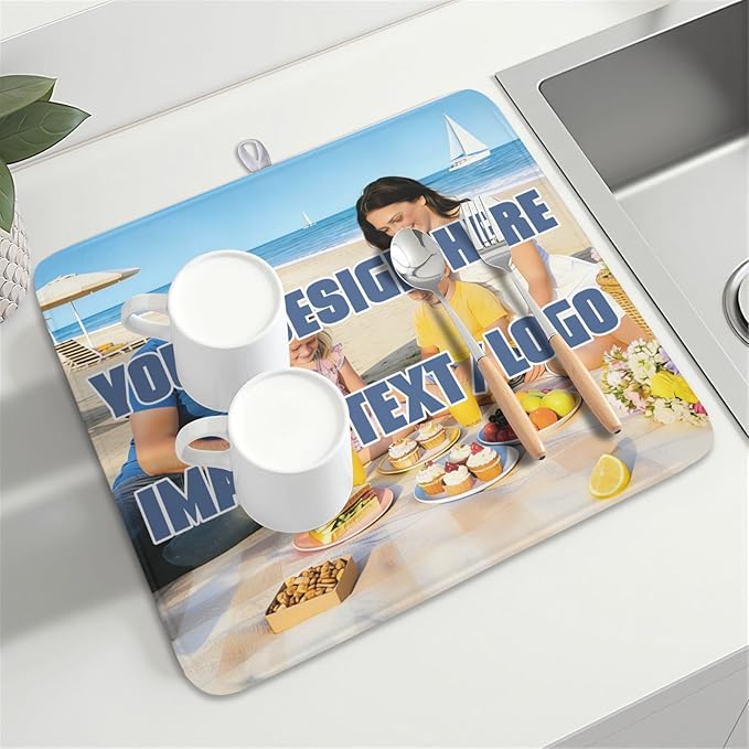 Custom Dish Drying Mat for Kitchen Counter Design Your Photo Text Business Logo 16 x 18 Inch Dish Drainer Mat Absorbent Microfiber for Coffee Bar Kitchen Dining Counter Decor