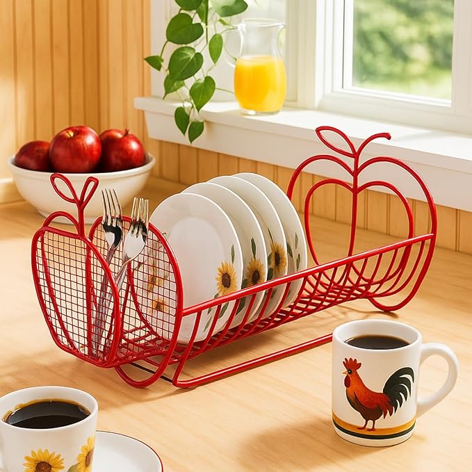 Jumbl Expandable Dish Drying Rack β Apple Decor Metal Dish Drainer with Utensil Holder, Adjustable 14"β27", Rust-Proof Countertop Dish Strainer for Kitchen Sink, RV, or Outdoor Use