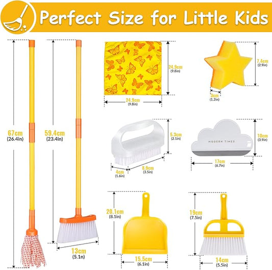 Masthome Kids Cleaning Set, 8 Piece Cleaning Toys Set, Includes Mop, Broom, Brush, Dustpan, Microfiber Cloth, Cleaning Sponge, Squeegee, Window Scraper, Pretend Play Toys for Girls Boys - Yellow