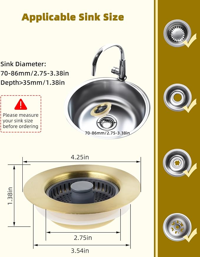 Hygie Rinse 3 in 1 Kitchen Sink Strainer, Pop Up Gold Sink Stopper Drainer with for US Standard 3-1/2 inch Drain Filter, Equiped with Additional 2pcs Strainers, Anti-Clog