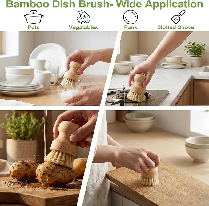 Bamboo Dish Scrub Brushes,Kitchen Wooden Cleaning Scrubbers Set with 100 Kitchen Sink Strainer Mesh Bags, 1 Kitchen Squeegee,4 Pack Round Mini Dish Brush with Ceramic Holder for Kitchen Sink Cleaning