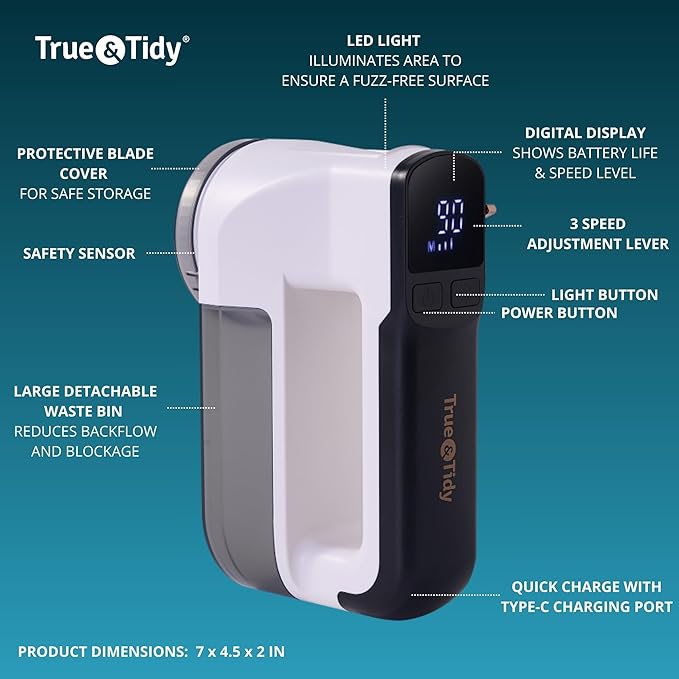True & Tidy LED Turbo Fabric Shaver | Cordless Lint Remover with Digital Display & 3 Speeds – Perfect for Clothes, Couch & Furniture Defuzzing (White, Turbo)