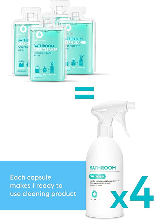 DUTYBOX Bathroom Cleaner Spray, Tub and Tile Cleaner, Bath Cleaning Supplies for Bathtub, Shower, Toilet, Faucet, Tile Floor, Rust, Salt (1 Spray Bottle with 4 Capsule Packs)