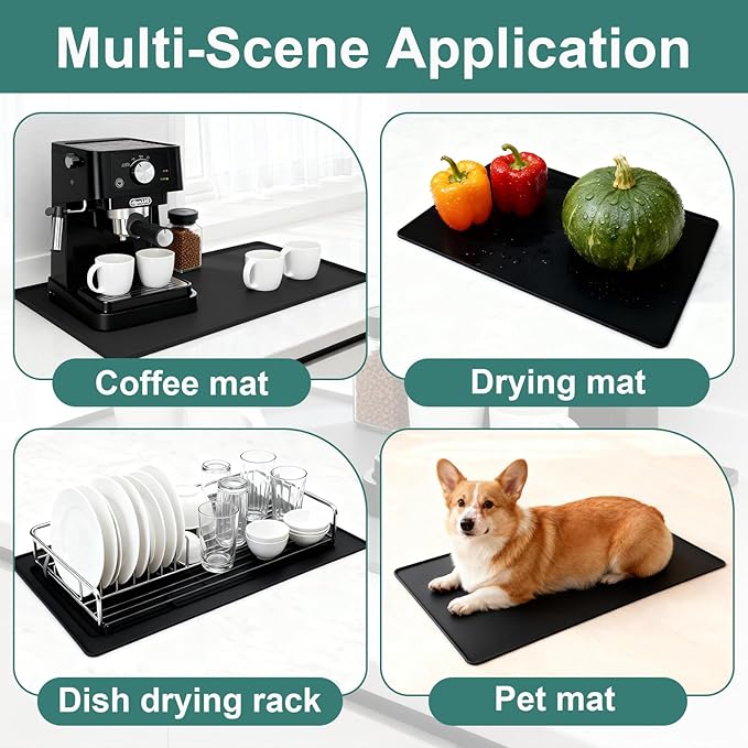 Silicone Coffee Mat, 24"X16" Heat-Resistant,Eco-friendly,Hygienic Drying Pad,Leak-Proof and Non-Slip,Removable Silicone Mat with Concave and Convex Design,(Black 24X16)