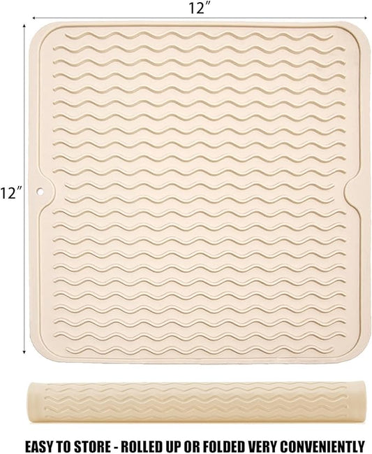 Silicone Dish Drying Mat for Multiple Usage, Easy clean, Eco-friendly, Heat-resistant Dish Drainer Mat for Kitchen Counter,Sink,Refrigerator or Drawer liner (12" x 12", BEIGE)